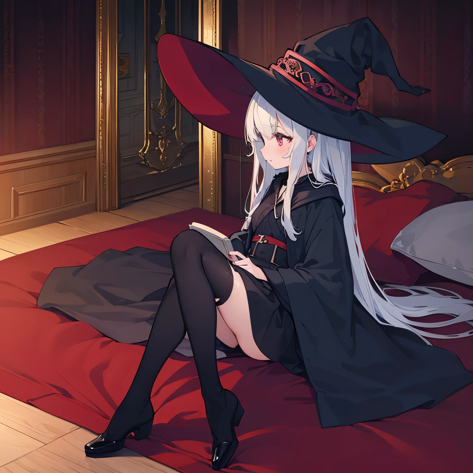 The girl&#39;s occupation is a black witch. She has long white hair, wears a black robe, black stockings, and boots. She has red pupils and is shy. She lies on the goblin bed and kisses the goblin.