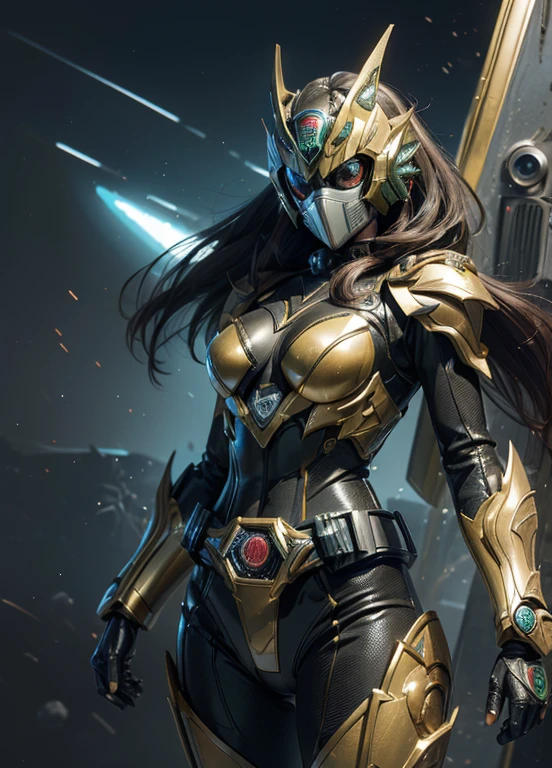 Textured skin, Super Detail, high details, High quality, Best Quality, hight resolution, 1080p, hard disk, Gorgeous beauty,(Kamen Rider),(mask off),(women's rideody suit,battle suits,Transformation Belt,Battle Mode,Metal,Transform into Kamen Rider