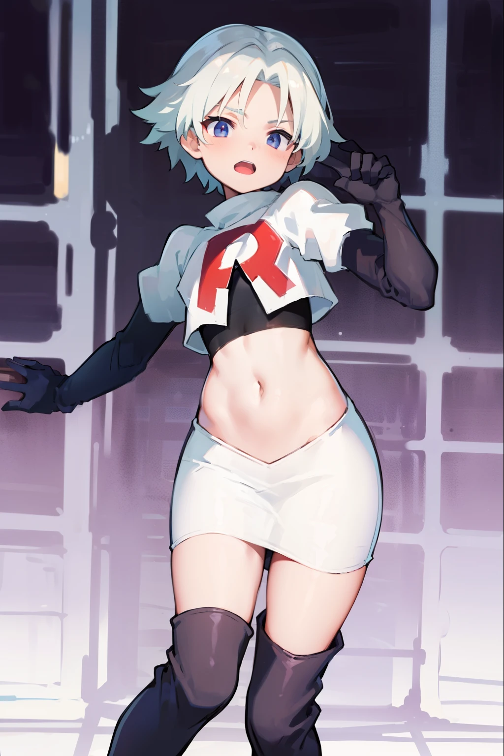 absurdres,1boy, male focus, trap,crossdressing,1boy,team rocket,team rocket uniform,white skirt,red letter R,crop top,black thigh-high boots,black elbow gloves,