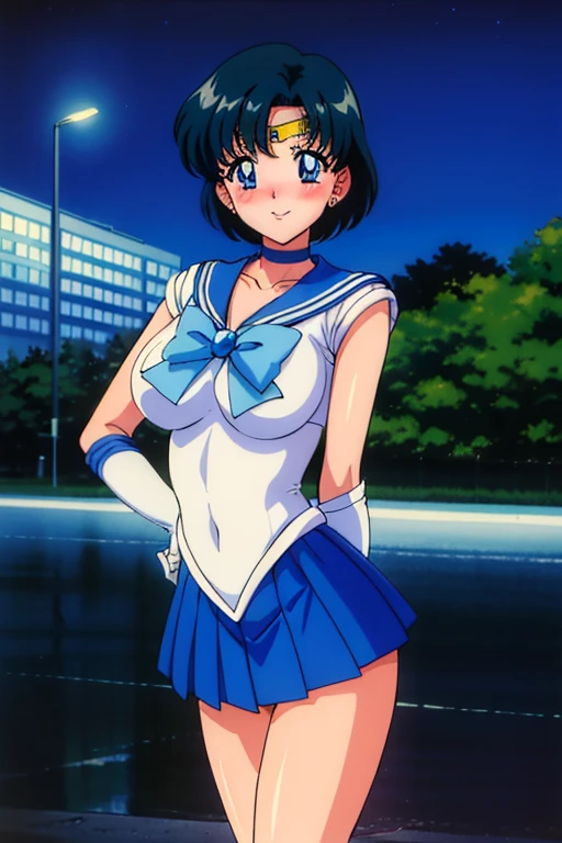 1990's \(Style\), Mizuno_ami, Large breasts, Night, Standing, Solo, Classic SMRC_, Blue_pleats_Skirt,_white_gloves_bootloo_Choker_Blue_Bowtie_Blue_Back_Bow_circlet_Blue_brooches, anime cels Style, Outdoors, Best Quality, High resolution, 1girl in, blush, embarrassed, Smile, Looking at Viewer, Pose