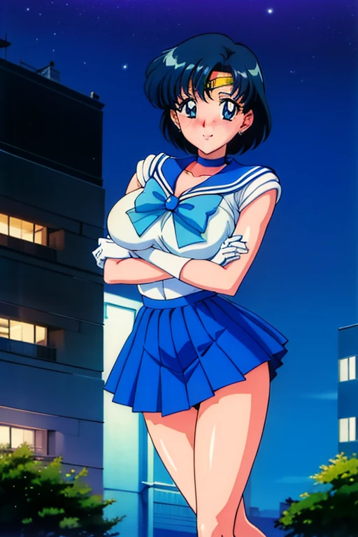 1990's \(Style\), Mizuno_ami, Large breasts, Night, Standing, Solo, Classic SMRC_, Blue_pleats_Skirt,_white_gloves_bootloo_Choker_Blue_Bowtie_Blue_Back_Bow_circlet_Blue_brooches, anime cels Style, Outdoors, Best Quality, High resolution, 1girl in, blush, embarrassed, Smile, Looking at Viewer, Pose