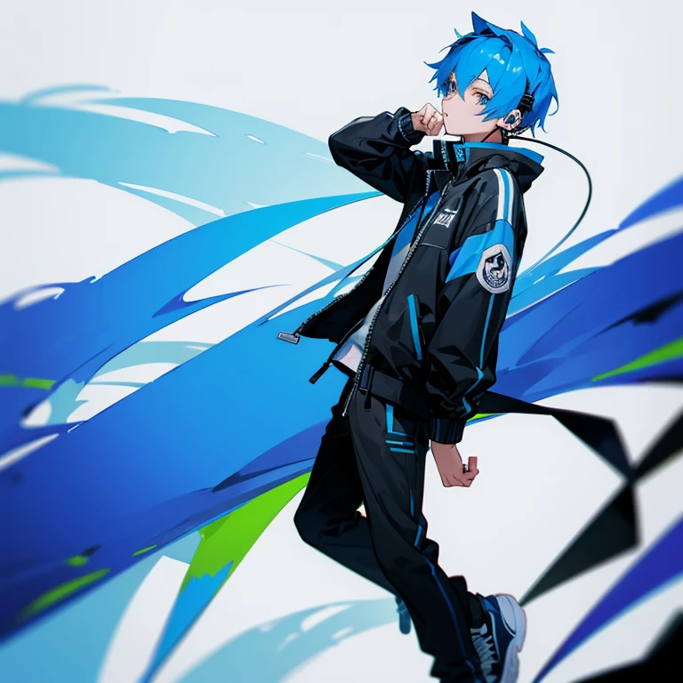 Blue hair, black jacket, sneakers, wearing a headset, cool, boy