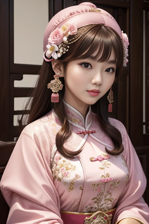 Masterpiece, Best Quality, Waterfront, Banquet, 1 Woman, Mature Woman, Elegant, Chinese Style, Ancient China, Sister, Royal Sister, Happy, Meatball Head, Light Brown Hair, Pink Eyes, Gorgeous Headwear, Light Pink Lips, Pink Clothes, Yarn like Clothing, Intellectual, Full bangs, Flat bangs, Flower Ball, Face Delicate,Updo