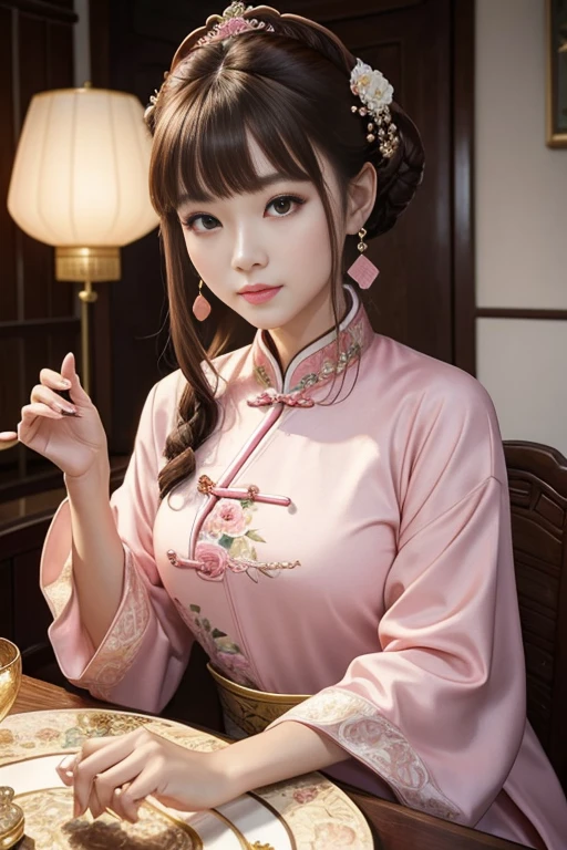 Masterpiece, Best Quality, Waterfront, Banquet, 1 Woman, Mature Woman, Elegant, Chinese Style, Ancient China, Sister, Royal Sister, Happy, Meatball Head, Light Brown Hair, Pink Eyes, Gorgeous Headwear, Light Pink Lips, Pink Clothes, Yarn like Clothing, Intellectual, Full bangs, Flat bangs, Flower Ball, Face Delicate,Updo