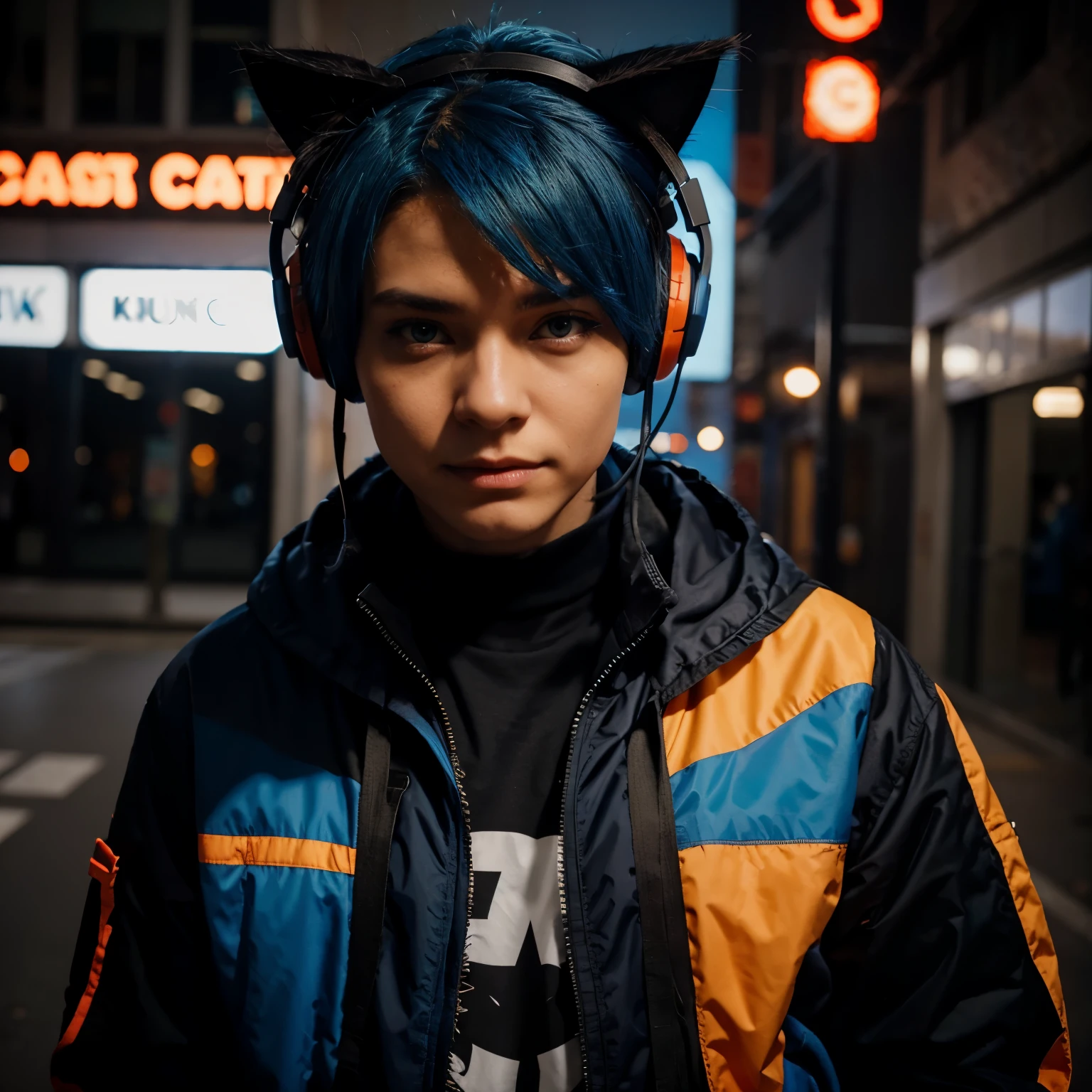 Blue hair, black and orange jacket, red eye, wearing a headset, in a cat, boys