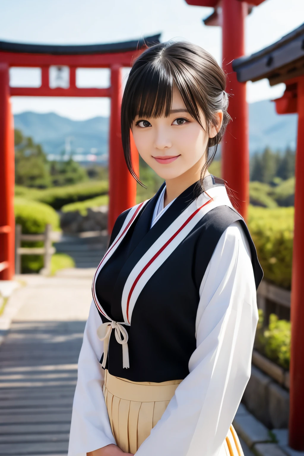 Please draw a beautiful young woman. Features smooth black hair that reaches to the shoulders. Hair is styled half up, Tie the top with a small ribbon. He has a kind expression and a warm smile.. Make your eyes and expression cool. Dressed in traditional Japanese uniforms based on red and white. Small breasts. In the background、Must include a soft blurred Japanese landscape with a torii gate, Visualize a bright daytime scene.