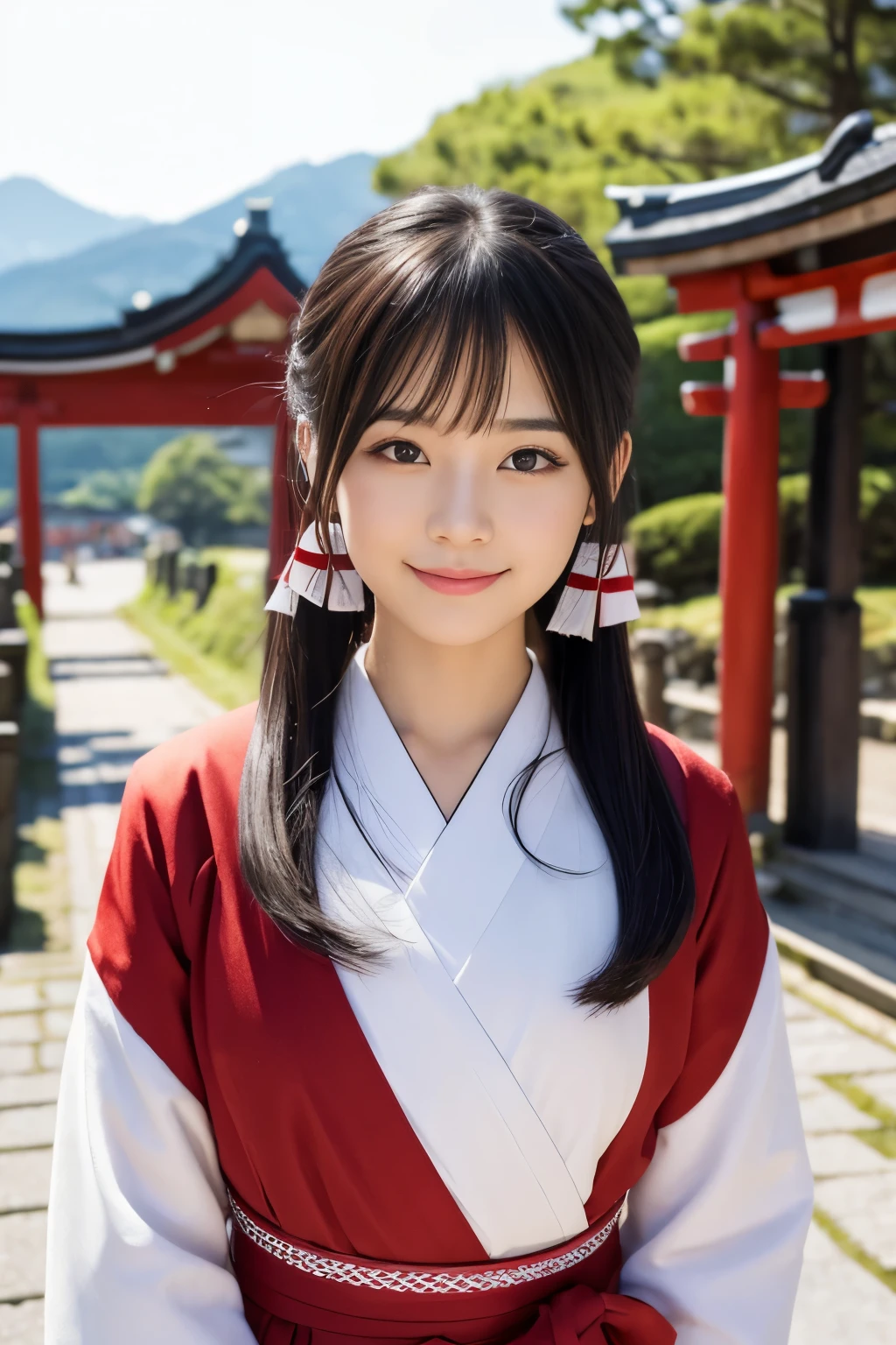 Please draw a beautiful young woman. Features smooth black hair that reaches to the shoulders. Hair is styled half up, Tie the top with a small ribbon. He has a kind expression and a warm smile.. Make your eyes and expression cool. Dressed in traditional Japanese uniforms based on red and white. Small breasts. In the background、Must include a soft blurred Japanese landscape with a torii gate, Visualize a bright daytime scene.