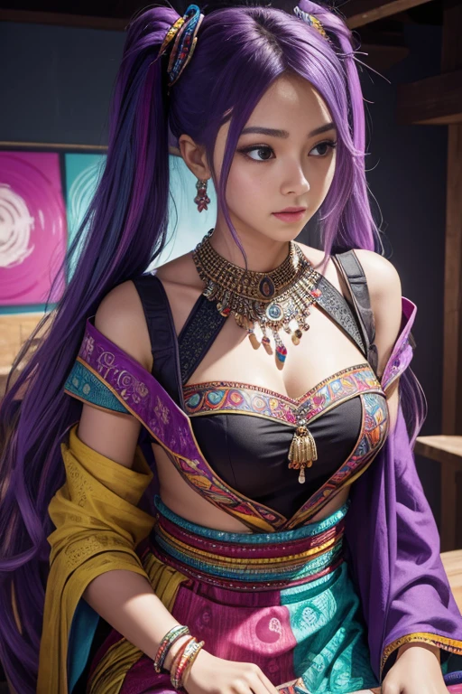 (absurdres, highres, ultra detailed), (1girl:1.3), twintails, purple hair, BREAK , glitch art, digital distortion, pixelated fragments, data corruption, colorful noise, visual chaos, contemporary aesthetics BREAK , enamel art, glass-like surface, vibrant colors, glossy finish, reflective textures, rich pigments, fluid forms BREAK , ethnic style, traditional clothing, vibrant patterns, handmade textiles, cultural motifs, beaded jewelry, artisanal accessories