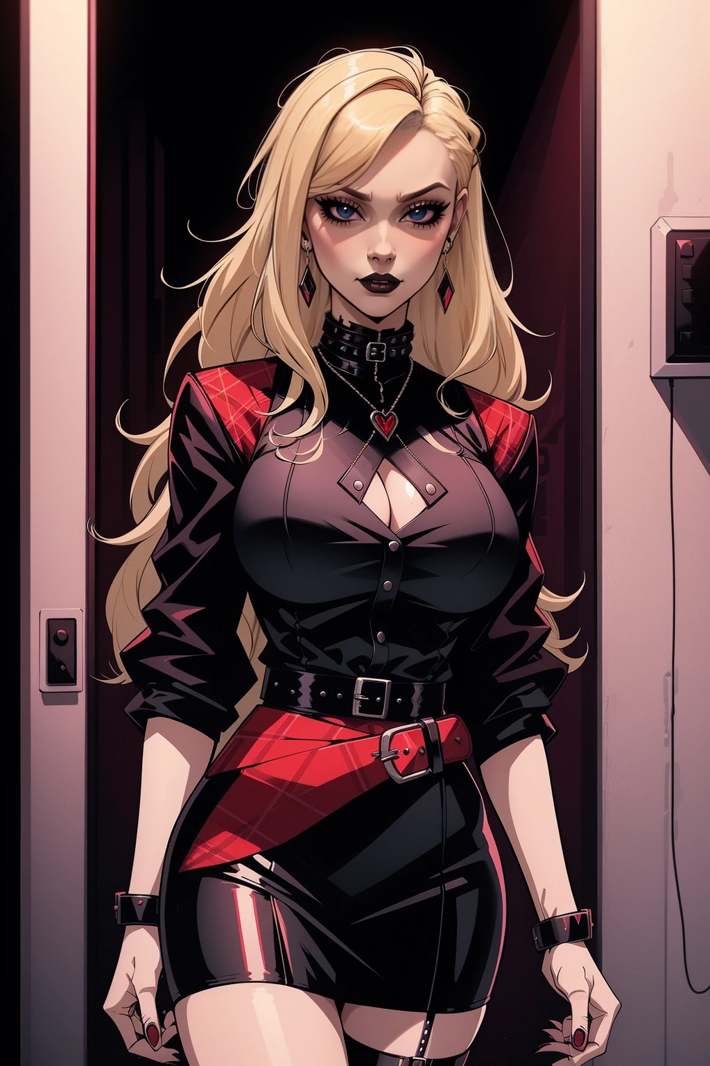 a woman with medium blonde hair, wearing a black blouse and plaid skirt, cyberpunk art, gothic art, cute aesthetic with vibe, toon aesthetic, wearing red costume, wearing gothic accessories