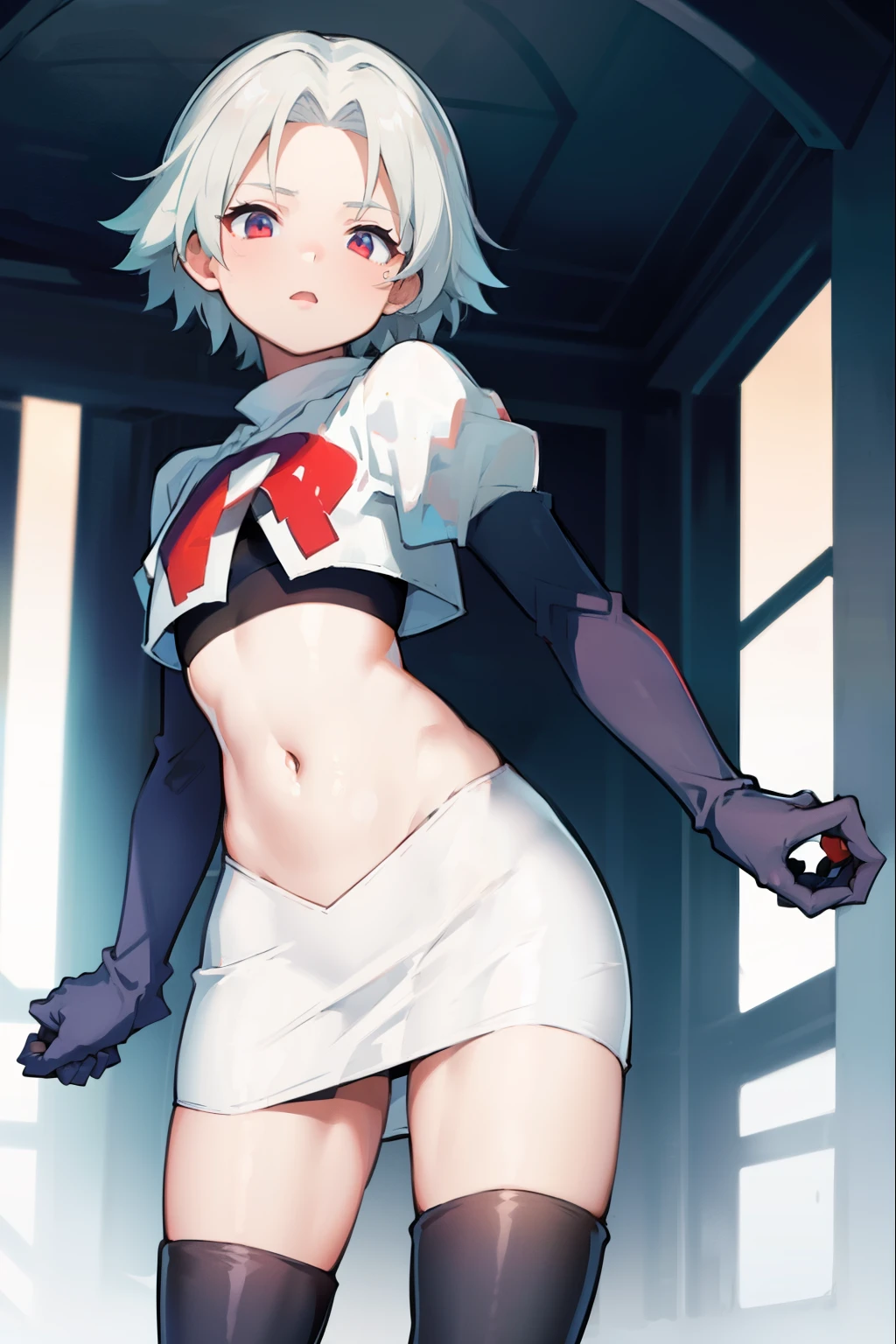 absurdres,1boy, male focus, trap,crossdressing,1boy,team rocket,team rocket uniform,white skirt,red letter R,crop top,black thigh-high boots,black elbow gloves,