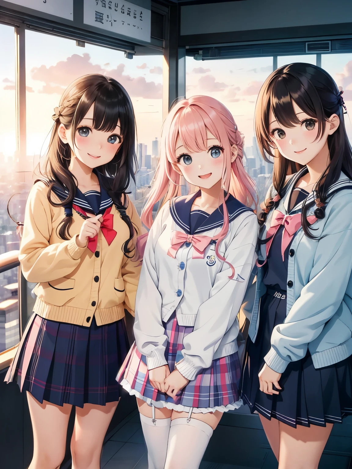 hightquality、Detailed background、From the Skytree Observation Deck、Tokyo Tower Observation Deck、New Year、With the sunrise in the background、Three Beautiful Girls、kawaii hair style、Cute hair colors、Cute colored sailor suit、white sailor collar、Cute plaid pleated skirt、Cute colored school cardigan、Stockings in bright colors、Smiling、Laughing、pantie shot
