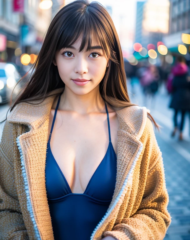 high quality,soft lighting,ultra-high resolution,(photorealistic:1.4), 1 Japanese girl,solo,cute style,(student,sparkling eyes),detailed beautiful face,(small-breasted),(high-resolution detailed human skin texture), a woman standing in a winter cityscape, wearing a down coat with a bikini swimsuit underneath. (human photography) ,thighs