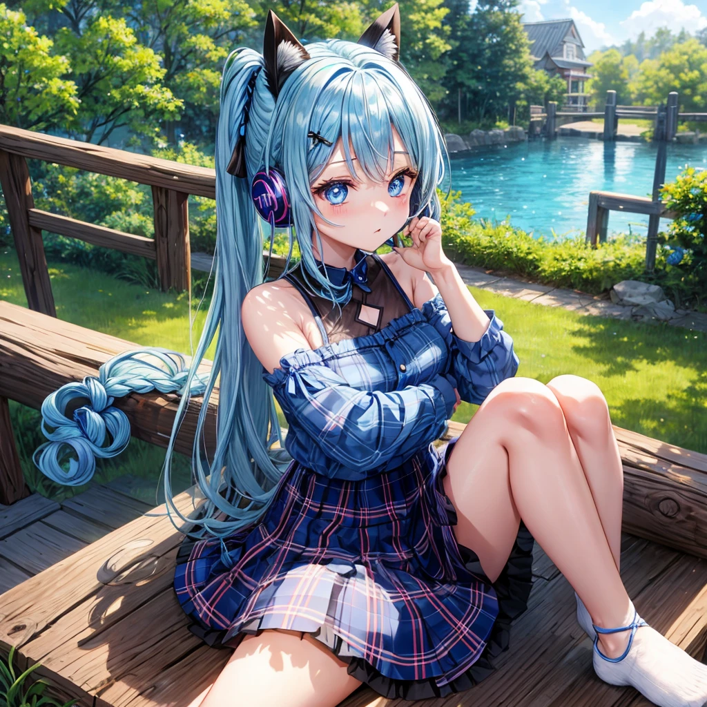 Blue hair、blue eyess、Braids、poneyTail、one good looking girl、独奏、animesque、Plaid miniskirt、Black T-shirt、camisole、the woods、sitting on、Wearing a plaid baseball cap、bare-legged、Tilting your face、log bridge、Doing the ribbon、have a twig、falls、Blue Topaz、Sunset sky、Wearing headphones、spirals、Are sleeping