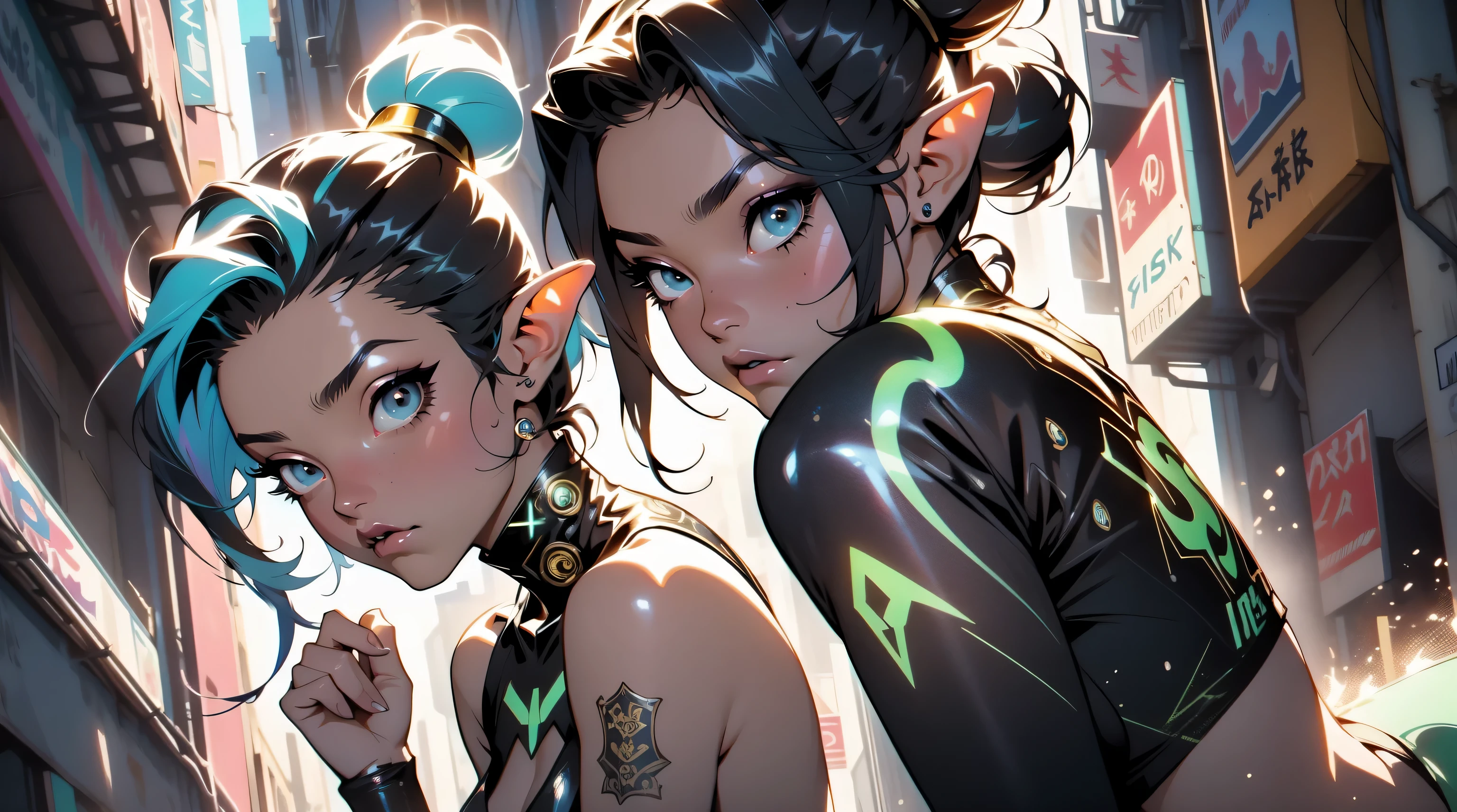 three beautiful elf females 20 years old, nudist, no clothes, extreme abs, cute face, crazy hair, colored hair, yellow eyes, deep fashion, cyberspace, surreal, virtual reality, Holographic Symphony, video game, crazy colors, SteamPunk Schematics, ribbons, tattoes, many tattoos, extreme tattoos, NanoSorcerer's Symphony, full body tattoos, Data Landscapes, beautiful tattoos, weird perspective, dramatic light, dungeons and dragons, quest, adventurers, action, playfull, cute, profound, cat ears, Pixel Potions and Portals, dramatic glowing halos, colorful angelic wings, group photo, temple, magical energies, witchcraft, permanent love energy, Quantum Perspectives