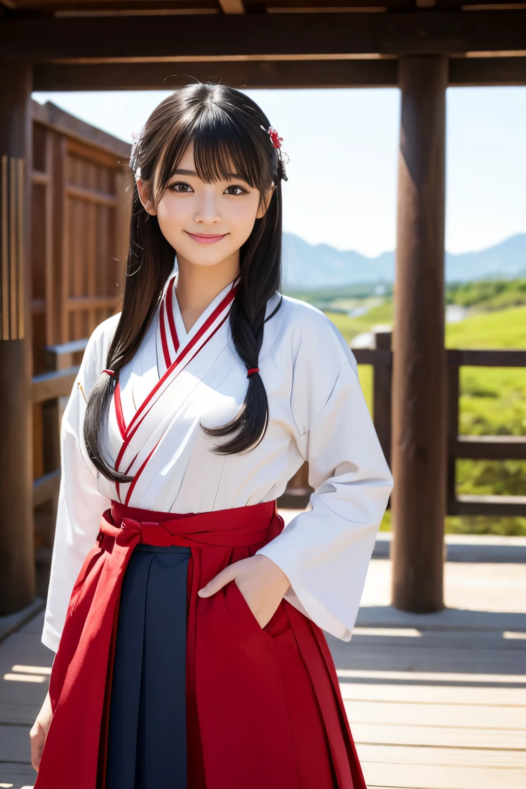 Please draw a beautiful young woman. Features smooth black hair that reaches to the shoulders. Hair is styled half up, Tie the top with a small ribbon. He has a kind expression and a warm smile.. Make your eyes and expression cool. Dressed in traditional Japanese uniforms based on red and white. Small breasts. In the background、Must include a soft blurred Japanese landscape with a torii gate, Visualize a bright daytime scene.