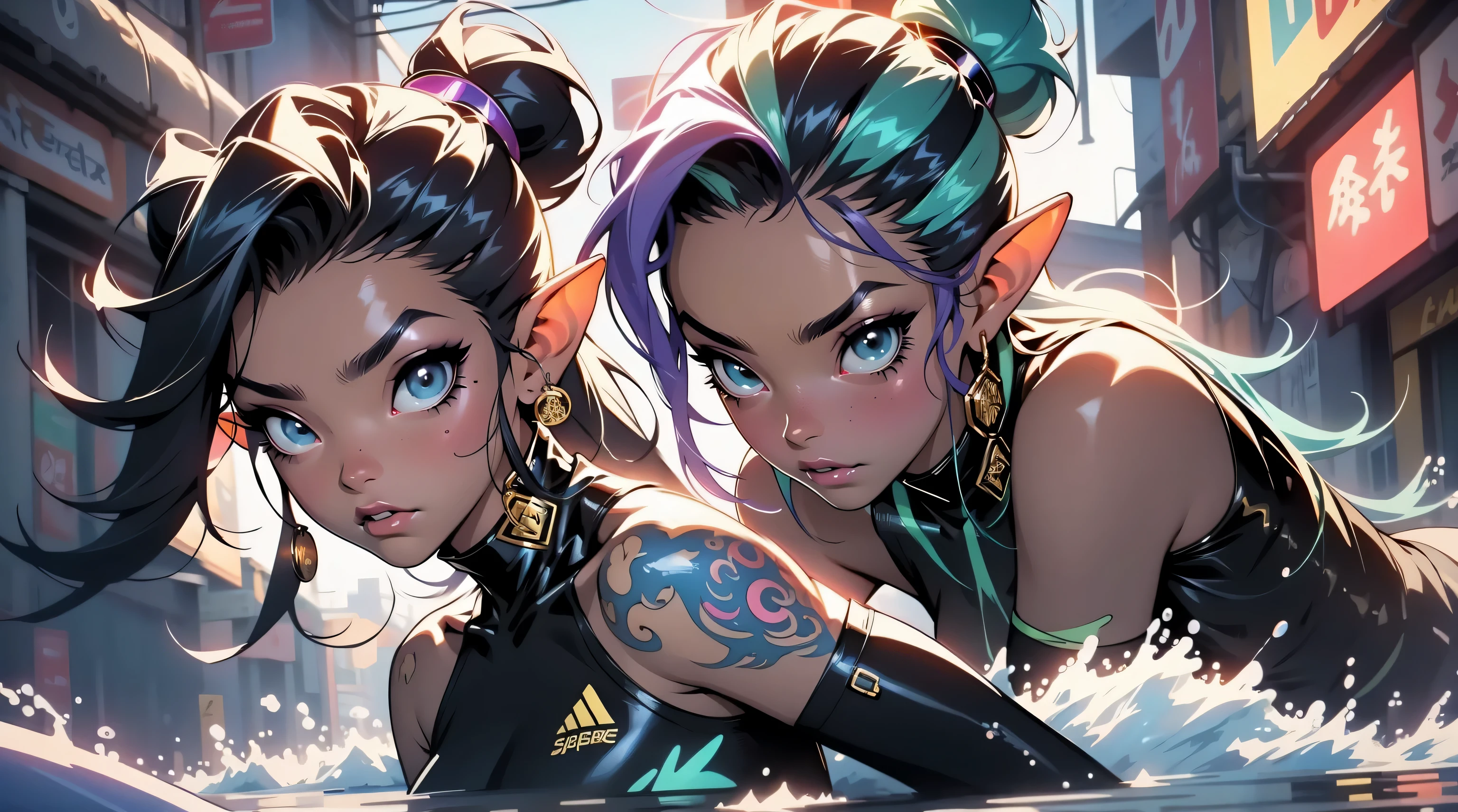 closeup, two beautiful girl elf, neon multicolor hair, space buns, no clothes, no pants, cute face , city, city fractal cyberscape, hanging out, cute faces, extreme abs, very developed ab muscles, no clothes, exposed body, nudist, futuristic, neon signs, beautiful sunset, no clothes, super pretty, spreading legs, high heels, adventure, magic, underwater, unnatural grace, super beautiful, giant black and gold giant octopus tentacles touching characters, jewlery, quantum balls of power and light, tentacles, detailed, fractal sky, amazing sunset, underwater