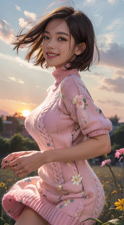 masutepiece, Best Quality, Ultra-detailed, finely detail, (((big size pink knit sweater))),(((((short-cut)))))、(((Super high detail and beautiful face)))、hight resolution, 8K Wallpaper, Perfect dynamic composition, Colossal tits、Natural Color Lip,(())(Wearing a floral dress,sneakers:1.3),(),drawn action: (The girl must be running happily in the field...............,Enjoy the sunset:1.4),I want to convey a fun atmosphere,(The wind blows her short hair:1.4), girl,(Smile:1.3),Above the waist shot