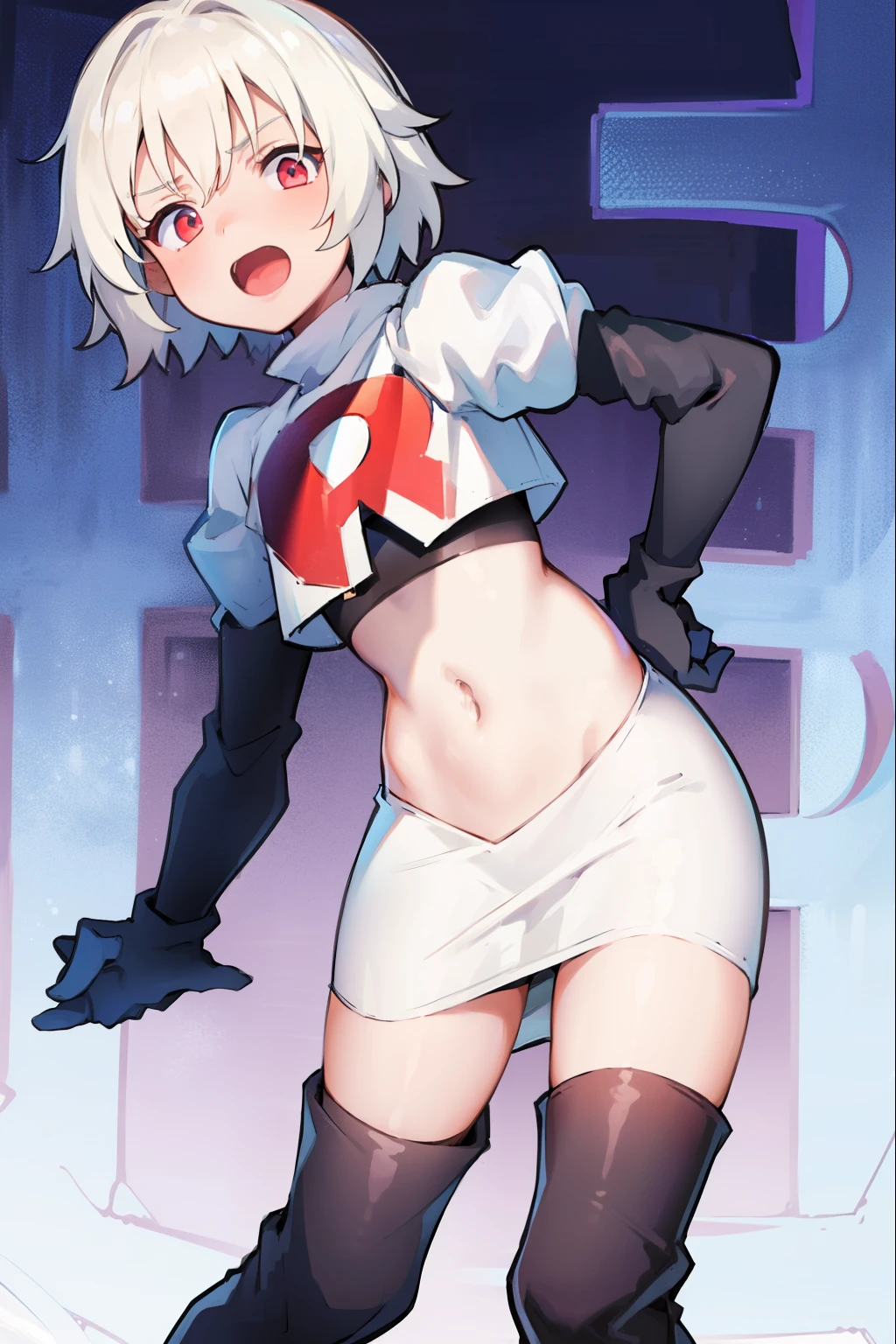 short white hair,naked large mammary glands,background in the middle of a city with many people looking at the girl, in shortskirt, heart shaped nipples 