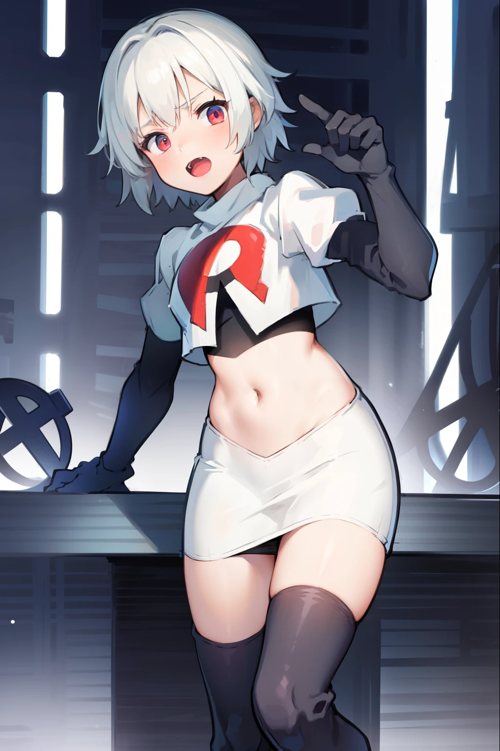 absurdres,1boy, male focus, trap,crossdressing,1boy,team rocket,team rocket uniform,white skirt,red letter R,crop top,black thigh-high boots,black elbow gloves,