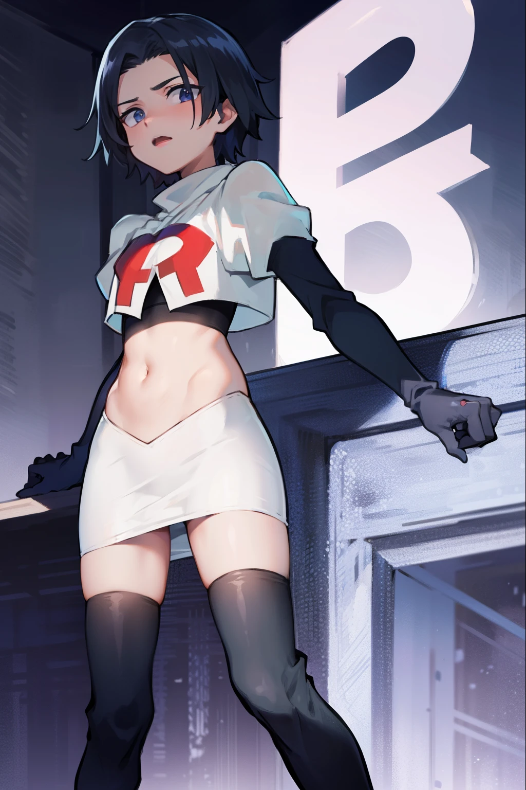 absurdres,1boy, male focus, trap,crossdressing,1boy,team rocket,team rocket uniform,white skirt,red letter R,crop top,black thigh-high boots,black elbow gloves,