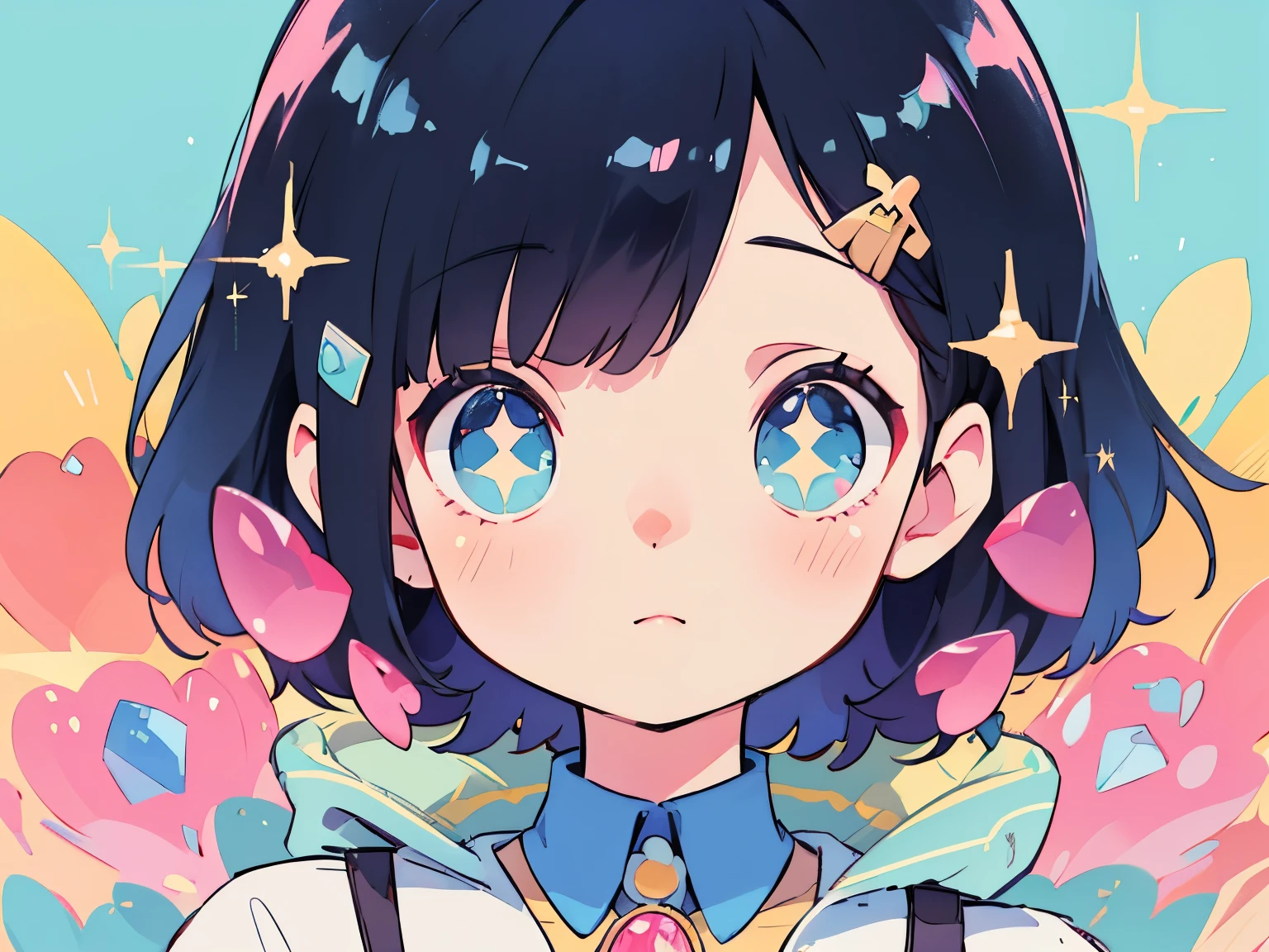 girl with、Clean hair ornament, (Detailed eyes, Eyes Like Gems, Sparkling eyes:1.3) , Soft smile, Blue sky, (Risograph)