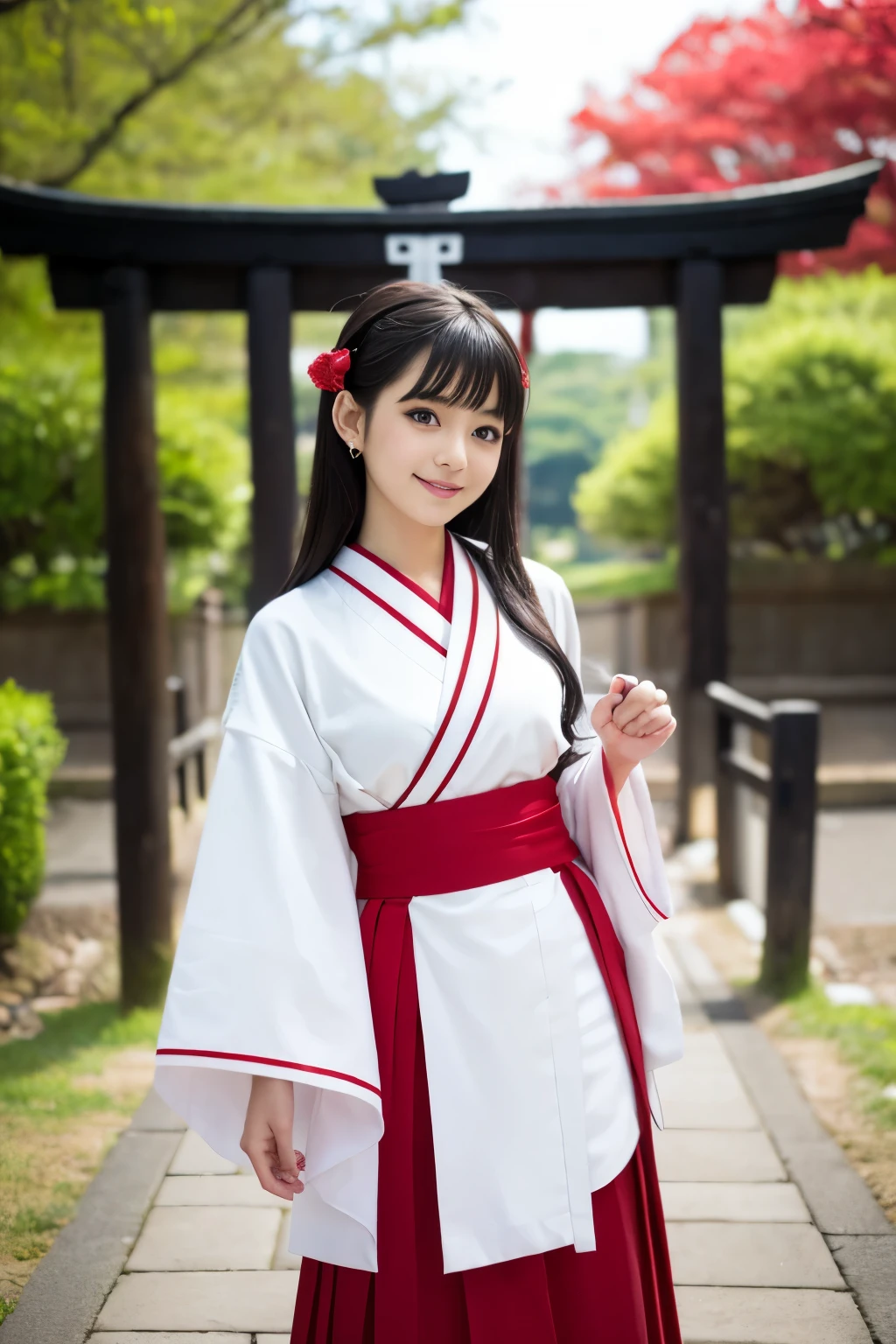 Please draw a beautiful young woman. Features smooth black hair that reaches to the shoulders. Hair is styled half up, Tie the top with a small ribbon. He has a kind expression and a warm smile.. Make your eyes and expression cool. Dressed in traditional Japanese uniforms based on red and white. Small . In the background、Must include a soft blurred Japanese landscape with a torii gate, Visualize a bright daytime scene.