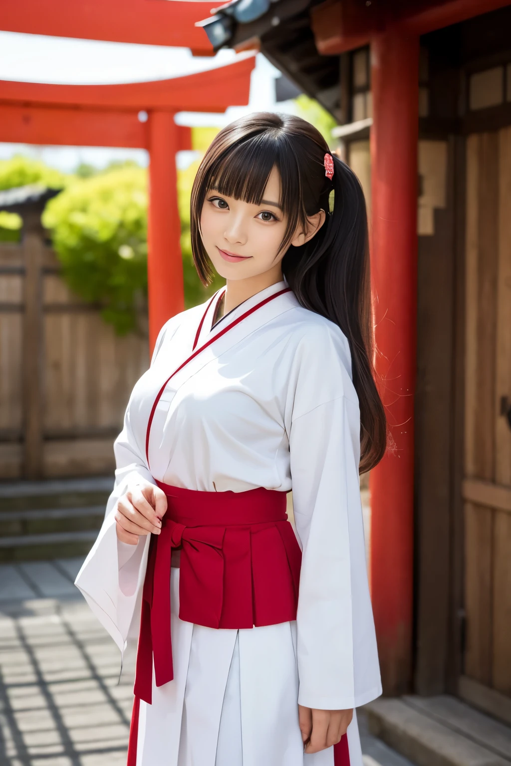Please draw a beautiful young woman. Features smooth black hair that reaches to the shoulders. Hair is styled half up, Tie the top with a small ribbon. He has a kind expression and a warm smile.. Make your eyes and expression cool. Dressed in traditional Japanese uniforms based on red and white. Small breasts. In the background、Must include a soft blurred Japanese landscape with a torii gate, Visualize a bright daytime scene.