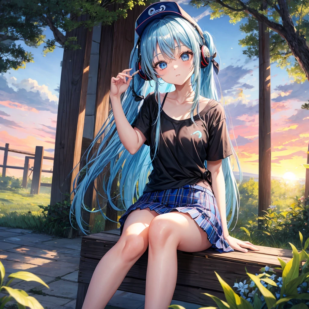 Blue hair、blue eyess、Braids、poneyTail、one good looking girl、独奏、animesque、Plaid miniskirt、Black T-shirt、camisole、the woods、sitting on、Wearing a plaid baseball cap、bare-legged、Tilting your face、log bridge、Doing the ribbon、have a twig、falls、Blue Topaz、Sunset sky、Wearing headphones、spirals、Are sleeping