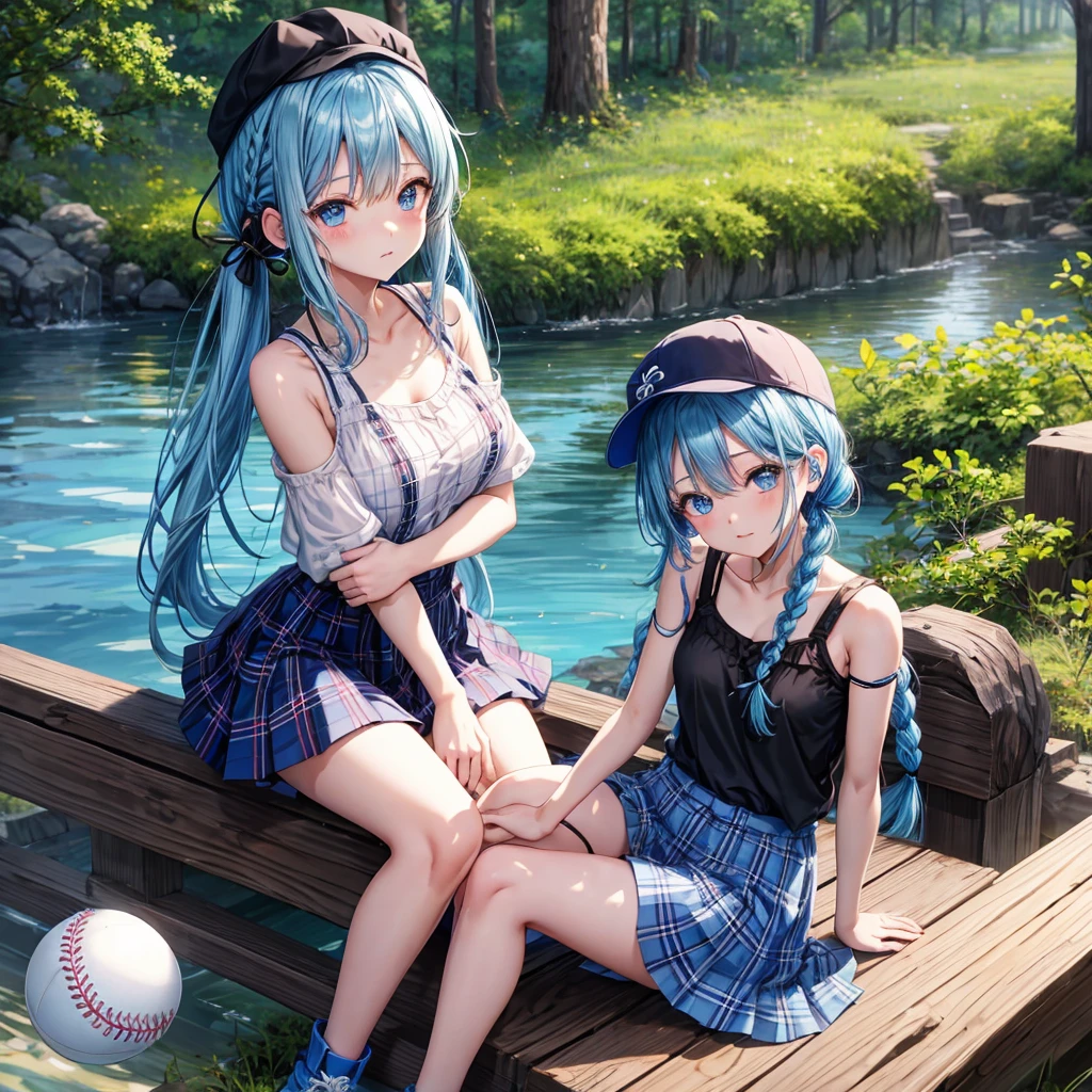 Blue hair、blue eyess、Braids、poneyTail、one good looking girl、独奏、animesque、Plaid miniskirt、Black T-shirt、camisole、the woods、sitting on、Wearing a plaid baseball cap、bare-legged、Tilting your face、log bridge、Doing the ribbon、have a twig、falls、Blue Topaz、Sunset sky、Wearing headphones、spirals、Are sleeping