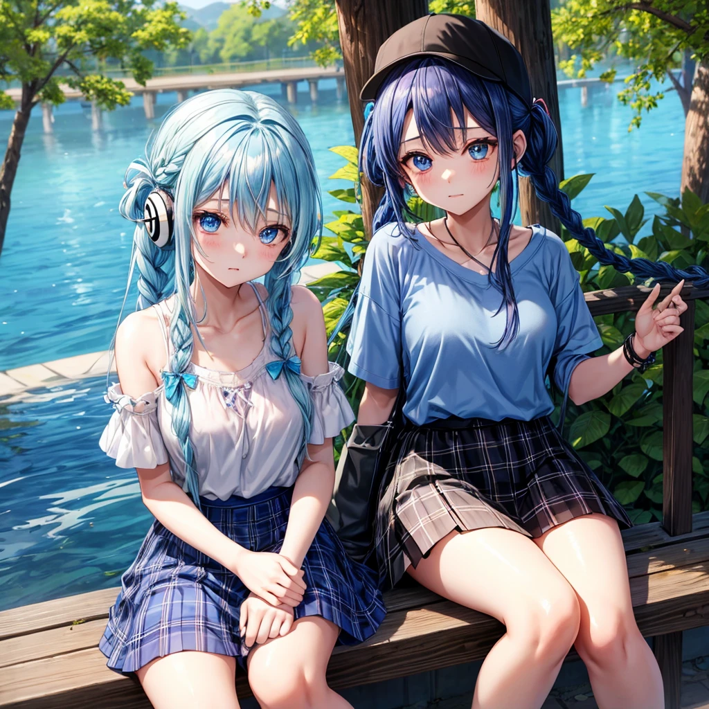 Blue hair、blue eyess、Braids、poneyTail、one good looking girl、独奏、animesque、Plaid miniskirt、Black T-shirt、camisole、the woods、sitting on、Wearing a plaid baseball cap、bare-legged、Tilting your face、log bridge、Doing the ribbon、have a twig、falls、Blue Topaz、Sunset sky、Wearing headphones、spirals、Are sleeping