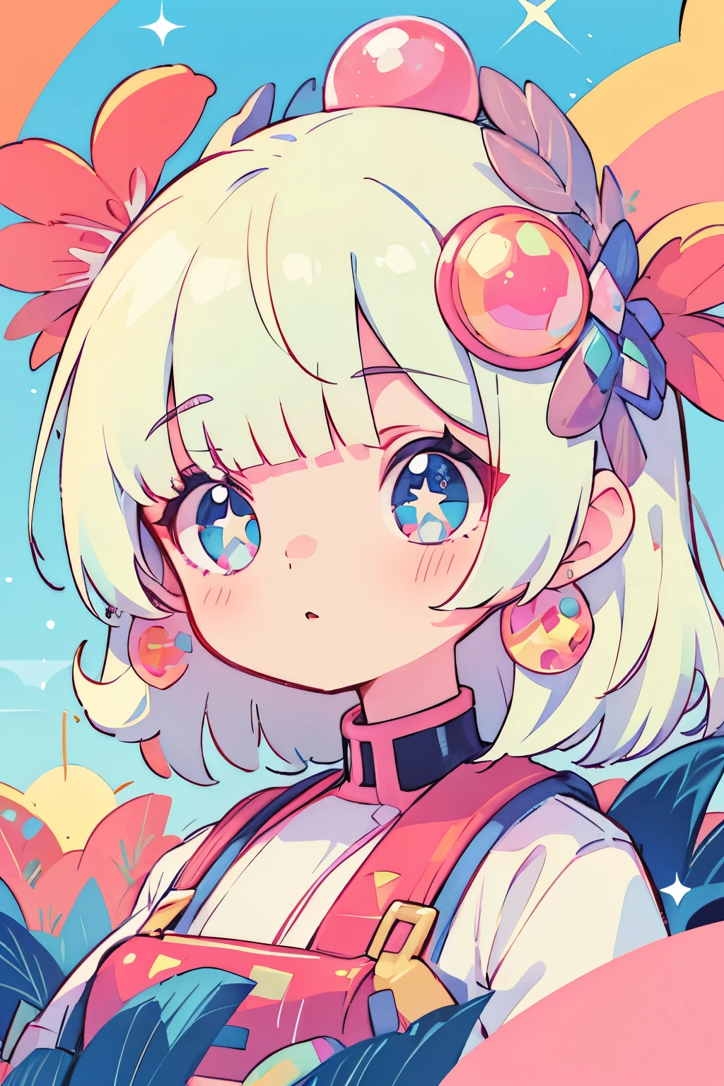 girl with、Clean hair ornament, Cute shoes、full bodyesbian、(Detailed eyes, Eyes Like Gems, Sparkling eyes:1.3) , Soft smile, Blue sky, (Risograph)