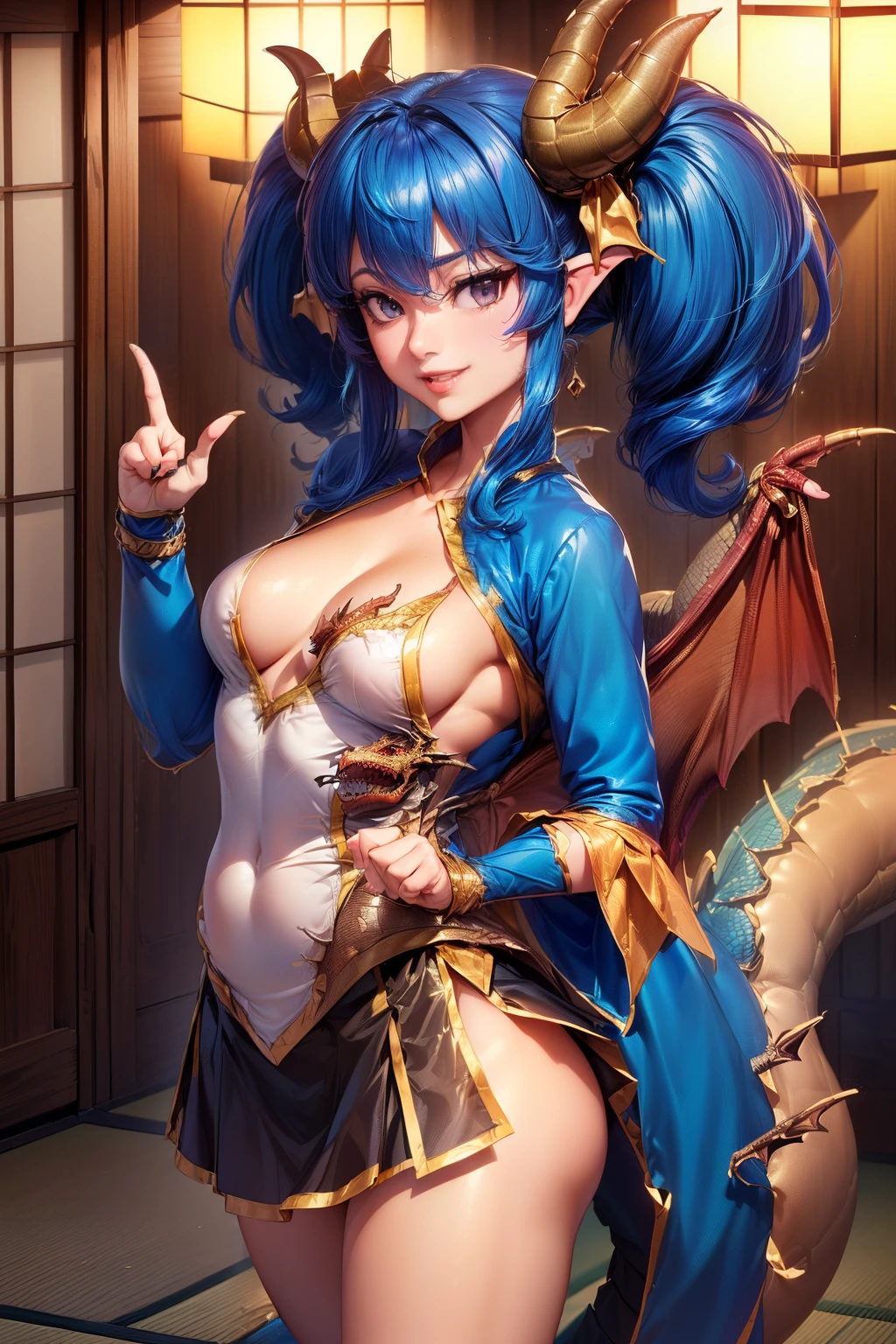 (((Chibi))), (Anthropomorphic dragon), NSFW, ((Metallic costume:1.5)), ((Anatomically correct hand:1.5)), Anime, Sexy, ((In Kyoto Animation Style:1.5)), super precision, masterpiece, very extremely beautiful, Princess Face, ((1人の女性)), ((Solo:1.5)), ((Blue hair:1.5)), ((Mega twin tail REAK, ((Black eyes)), short-cut, ((Straight hair)), BREAK, Full limbs, ((complete fingers:1.5)), ((wearing a dragon costume:1.5)), bow ribbon, BREAK, ((Skindentation)), Professional Lighting, ( student), Narrow waist, Shiny skin (Brown skin), ((Oiled skin)), glistning skin, Looking at Viewer, Cowboy Shot, ((Dynamic Pose:1.5)), Looking at the camera, Sexy, A slight smil, Slightly open mouth, Ultra-fine eyes, 超精細なfaces, ((thin lips:1.5)), Sexy, ((drooping eyes)), A slight smil, Sexy, ((portlate:1.5)), faces, Sexy, Looking at the camera, kawaii faces, ,((Absolute area)), (frombelow:1.5), ((Arms behind your back)), (dragon horn), (Dragon wings), (Dragon's tail), ((skirt by the:1.5)),