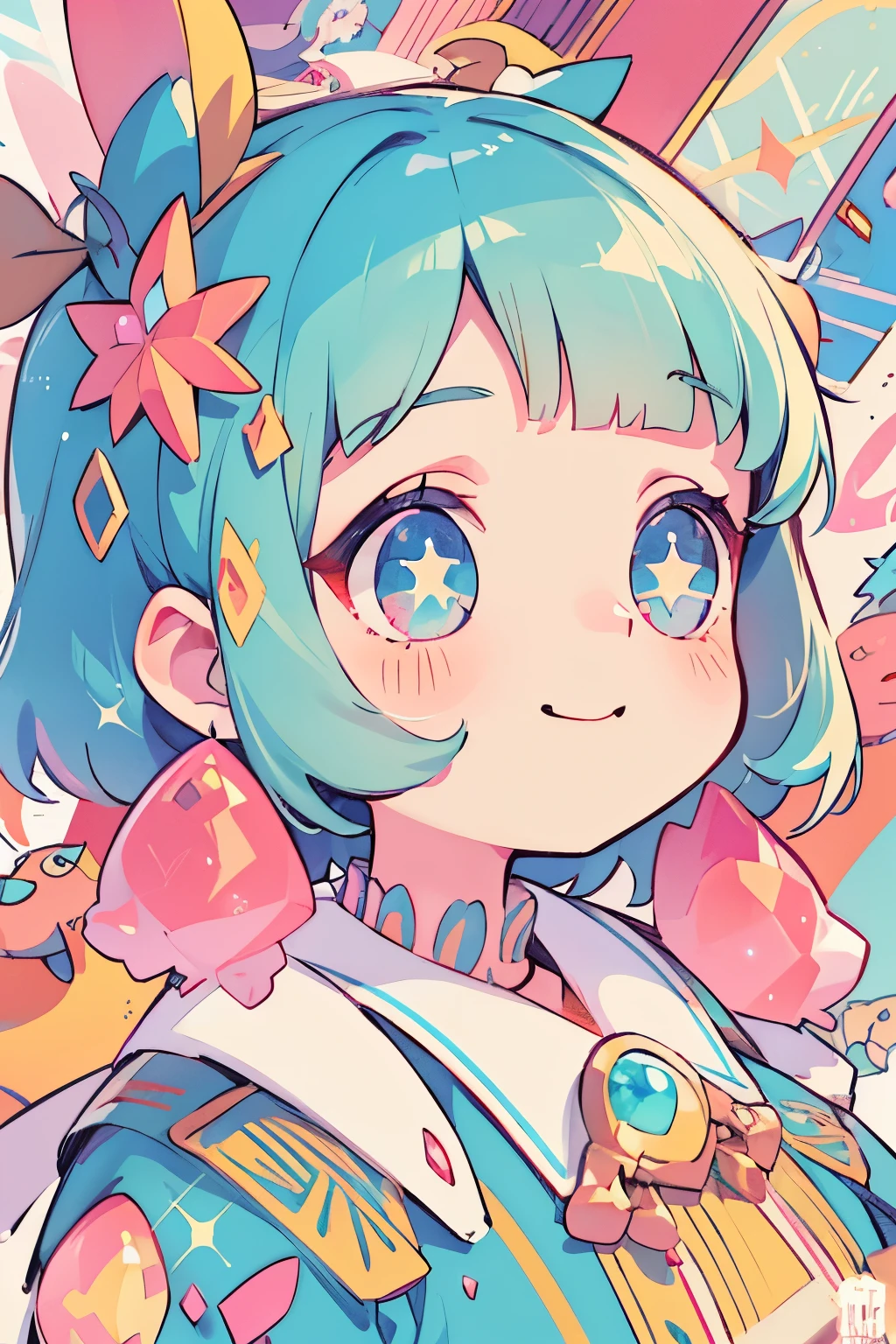 girl with、Clean hair ornament, Cute surreal bodies bien、(Detailed eyes, Eyes Like Gems, Sparkling eyes:1.3) , a smile,  Blue sky, (Risograph)