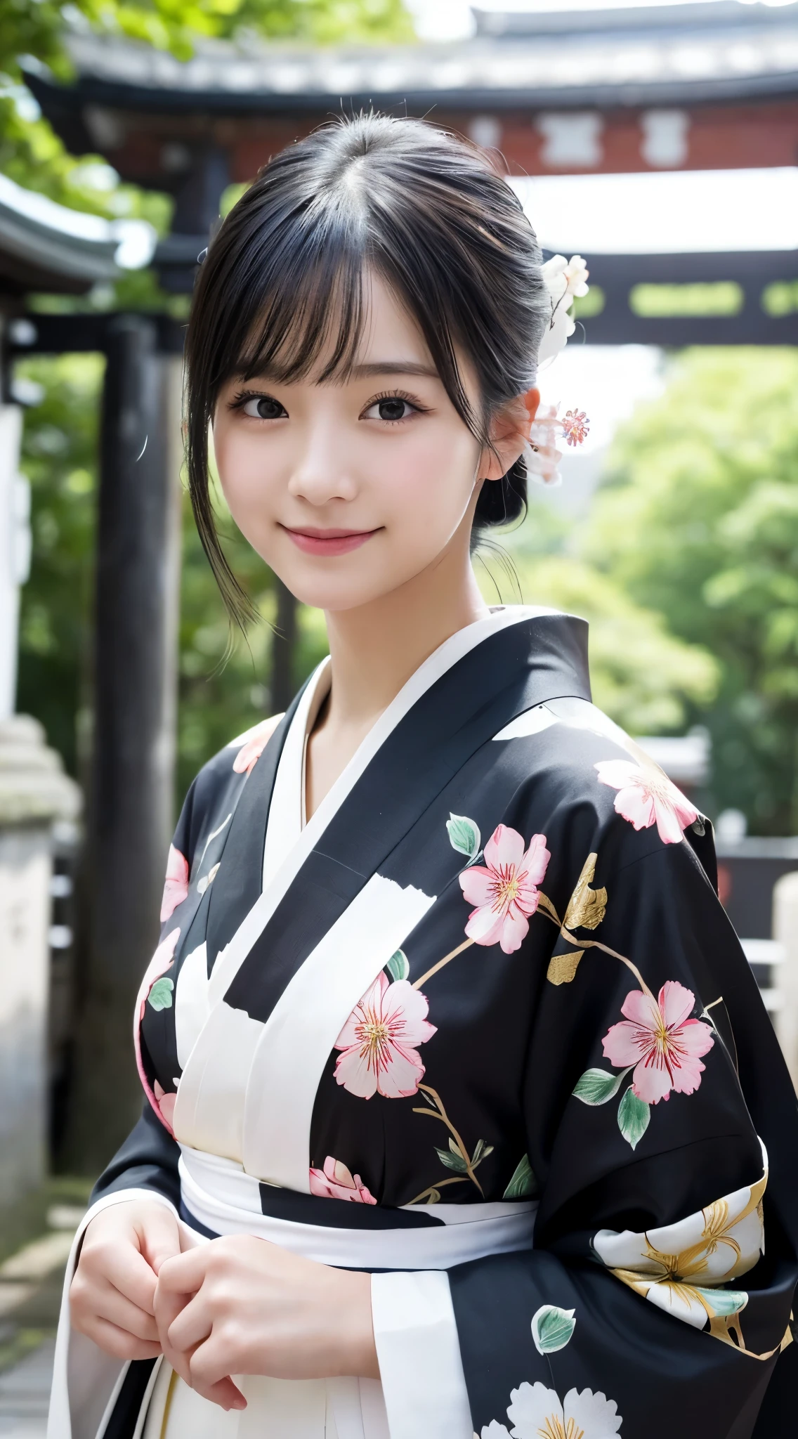 (top-quality,8K picture quality,masterpiece:1.3,),(超A high resolution,Photorealsitic:1.4,RAW shooting),(ultra-detailliert,Caustics,perfect anatomia),(Ultra-realistic capture,Beautifully detailed skin),(A girl standing in front of the torii gate of a shrine),18year old,kawaii,Black hair half up,kindly smile,stares at the camera,(Kimono with floral pattern on a white background),Bust-up shot,natural soft light
