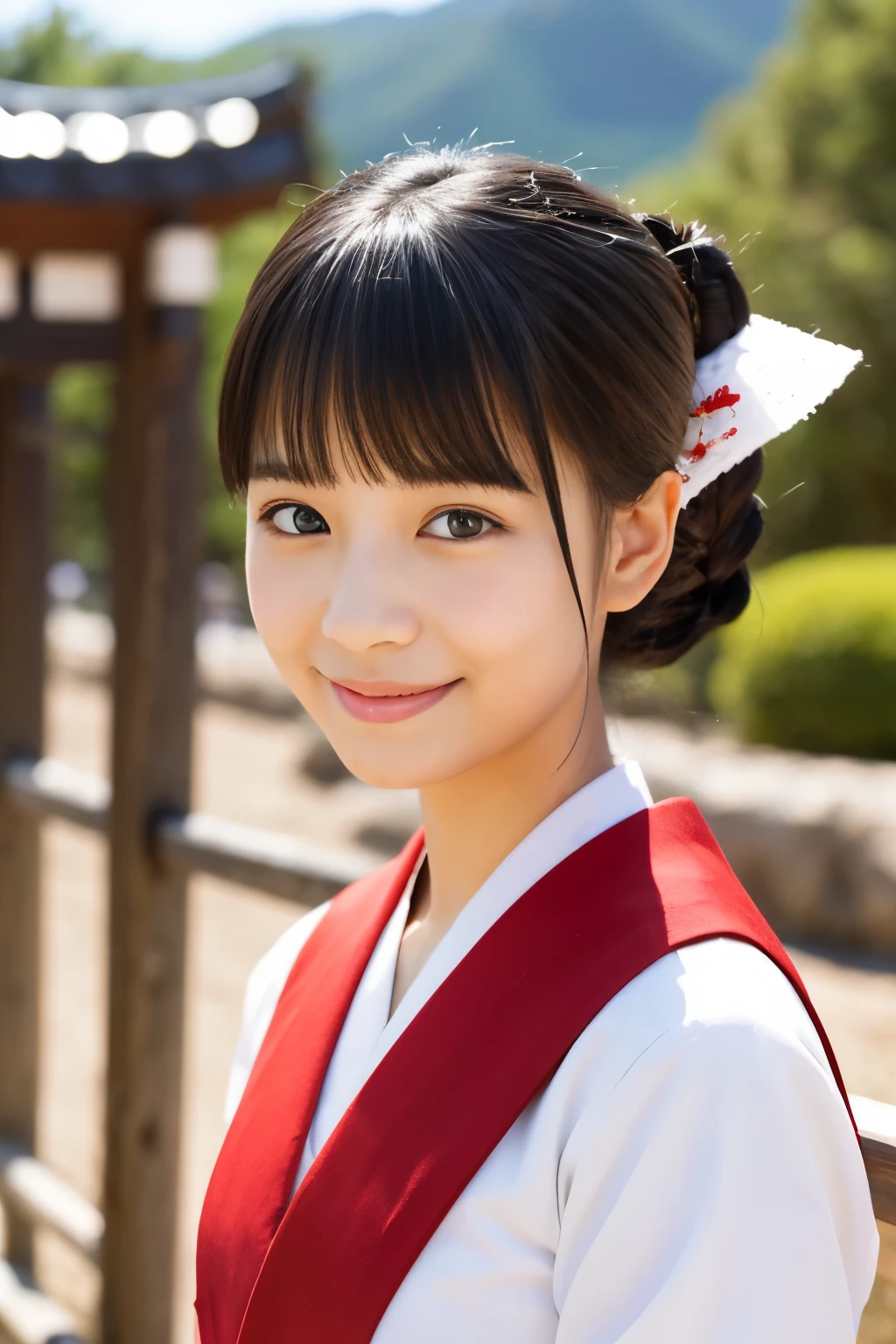 Please draw a beautiful young woman. Features smooth black hair that reaches to the shoulders. Hair is styled half up, Tie the top with a small ribbon. He has a kind expression and a warm smile.. Make your eyes and expression cool. Dressed in traditional Japanese uniforms based on red and white. Small breasts. In the background、Must include a soft blurred Japanese landscape with a torii gate, Visualize a bright daytime scene.