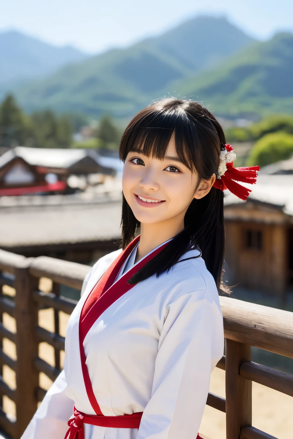 Please draw a beautiful young woman. Features smooth black hair that reaches to the shoulders. Hair is styled half up, Tie the top with a small ribbon. He has a kind expression and a warm smile.. Make your eyes and expression cool. Dressed in traditional Japanese uniforms based on red and white. Small breasts. In the background、Must include a soft blurred Japanese landscape with a torii gate, Visualize a bright daytime scene.
