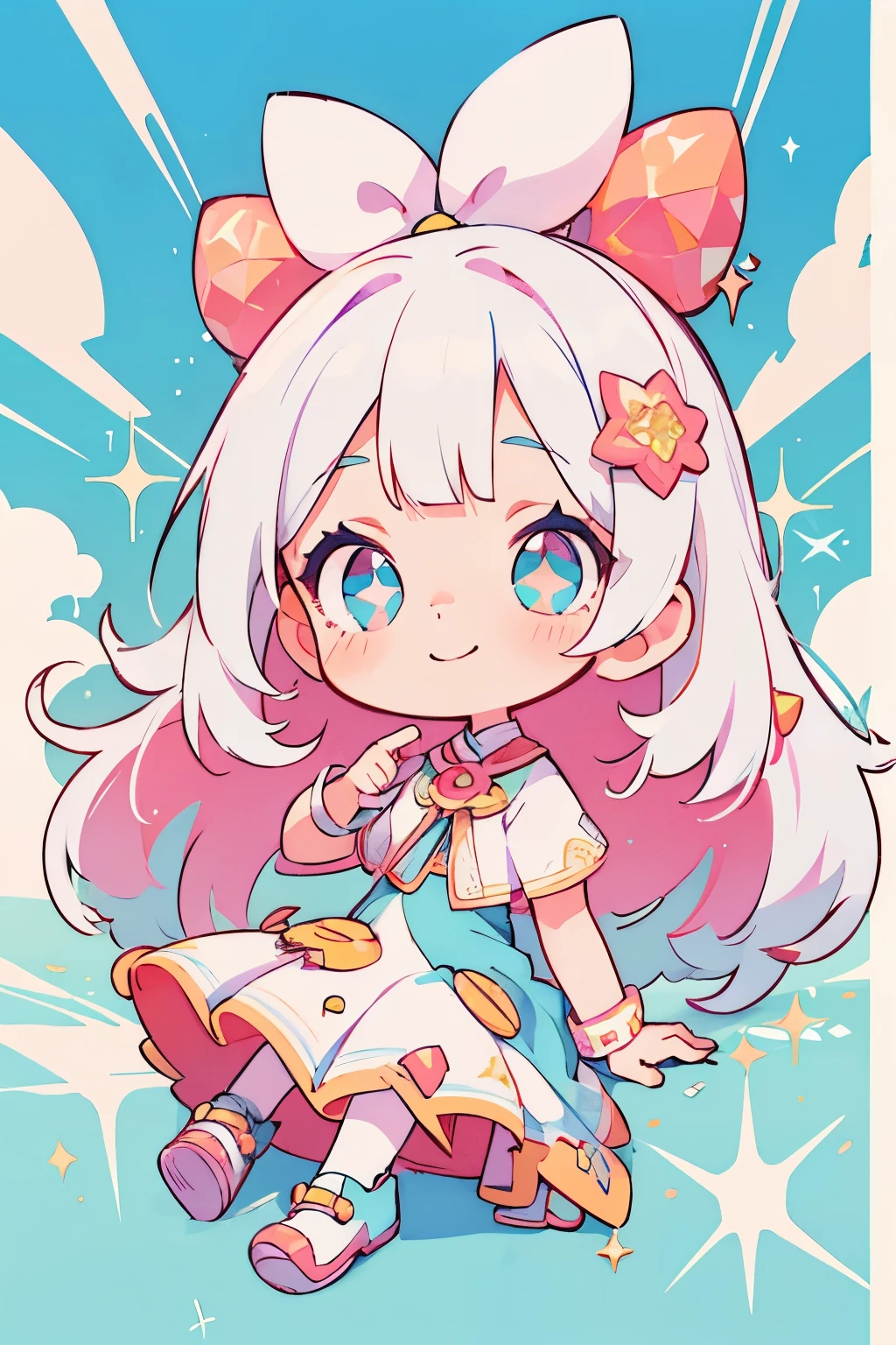 girl with、Clean hair ornament, Cute surreal body bien、(Detailed eyes, Eyes Like Gems, Sparkling eyes:1.3) , A smile,  Blue sky, (Risograph)、Cute shoes