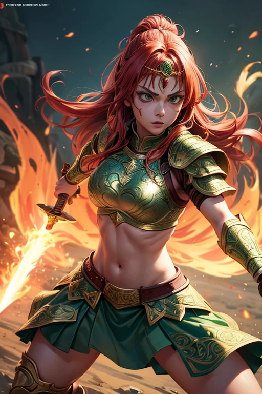genshin impact panel brunette girl dark orange hair green eyes brown egyptian dancer outfit with golden tones fighting pose holding a golden dagger