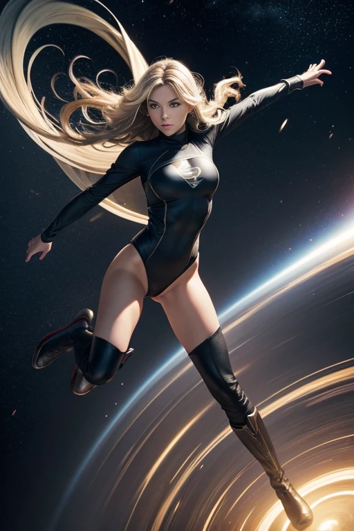 masterpiece, best quality, agrias, grey sweater, black leotard, twirl, spin, blonde hair, superhero, boots, tornado, whirlwind, solo, bare legs, whirl, wind effects, spinning into a tornado, fast spin, stand, time travel, travelling through time, highleg, perfect hands, perfect fingers, highleg leotard, powering up, tornado swirls