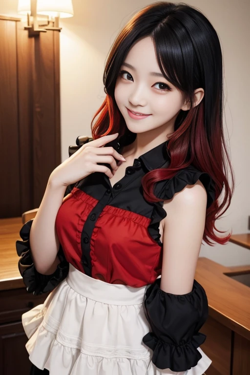 Top Quality, Masterpiece, Black Hair, Red Eyes, Looking Up, Upper Body, Kawaii, Ruffled Shirt, Smile,Red Hair