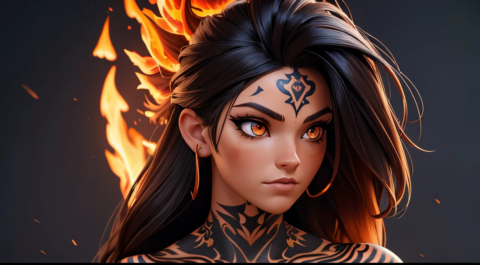 (best quality) (close up) girl with fire for hair that flows over and down her back looking over her shoulder, dark orange eyes of fire intensely staring, fire tattoos on her face, fire tattoos, tattoos, cinders in the air, cinders in the background, HDR, 4K, Ultra high detail. 3D, 3D animation