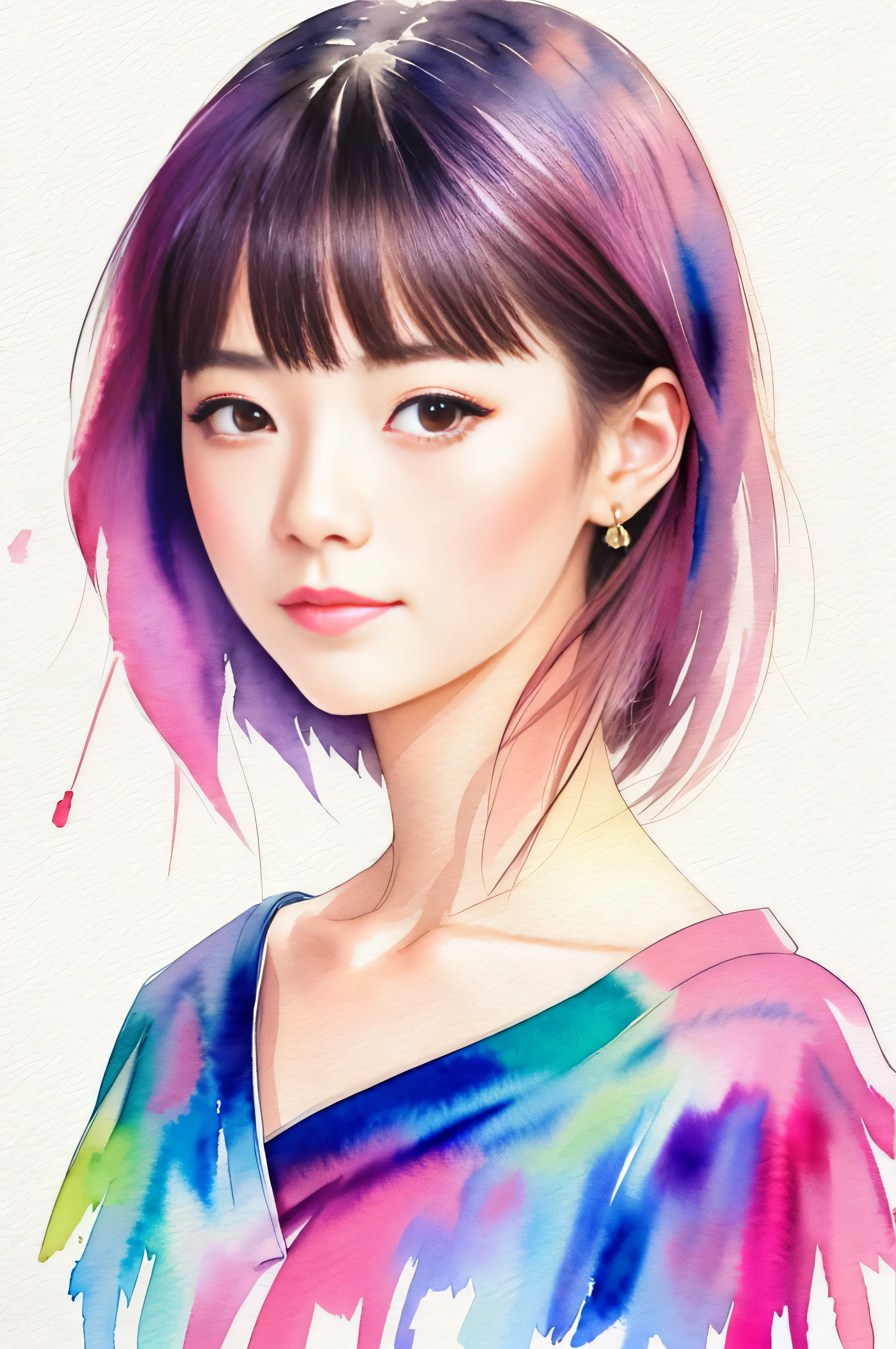Watercolor style、japanes、a beauty girl、Portrait of a woman、Bright design、PastelColors、Ink Drop、pink there、Viola