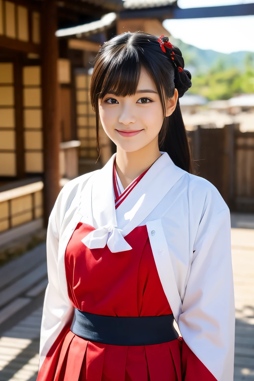 Please draw a beautiful young woman. Features smooth black hair that reaches to the shoulders. Hair is styled half up, Tie the top with a small ribbon. He has a kind expression and a warm smile.. Make your eyes and expression cool. Dressed in traditional Japanese uniforms based on red and white. Small breasts. In the background、Must include a soft blurred Japanese landscape with a torii gate, Visualize a bright daytime scene.