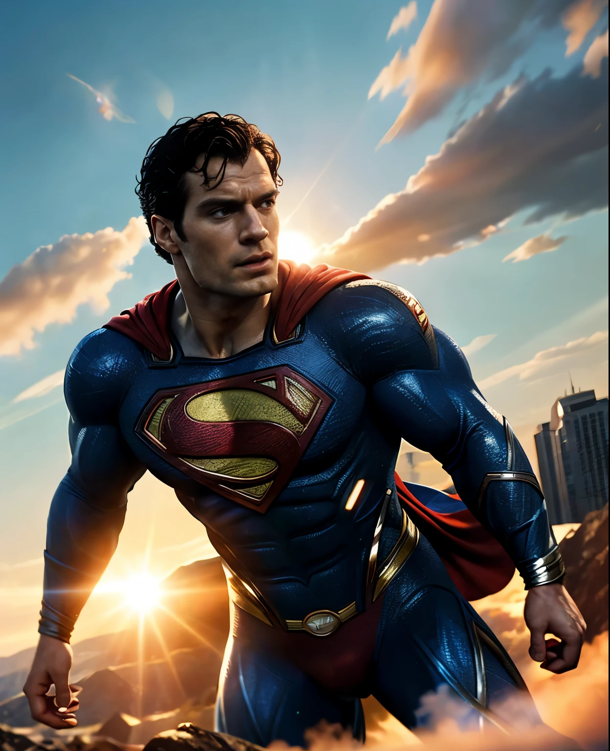 superman in a scene from the movie man of steel, herry cavill, movie still 8 k, by Zack Snyder, textless, cinematic action shot, wojtek fus, cinematic shot!, superman, henry cavill, cinematic close shot, with cinematic lighting, superman pose, cgi 8k, superman emerging from the sun, dramatic cinematic action shot, henry cavill as superman
