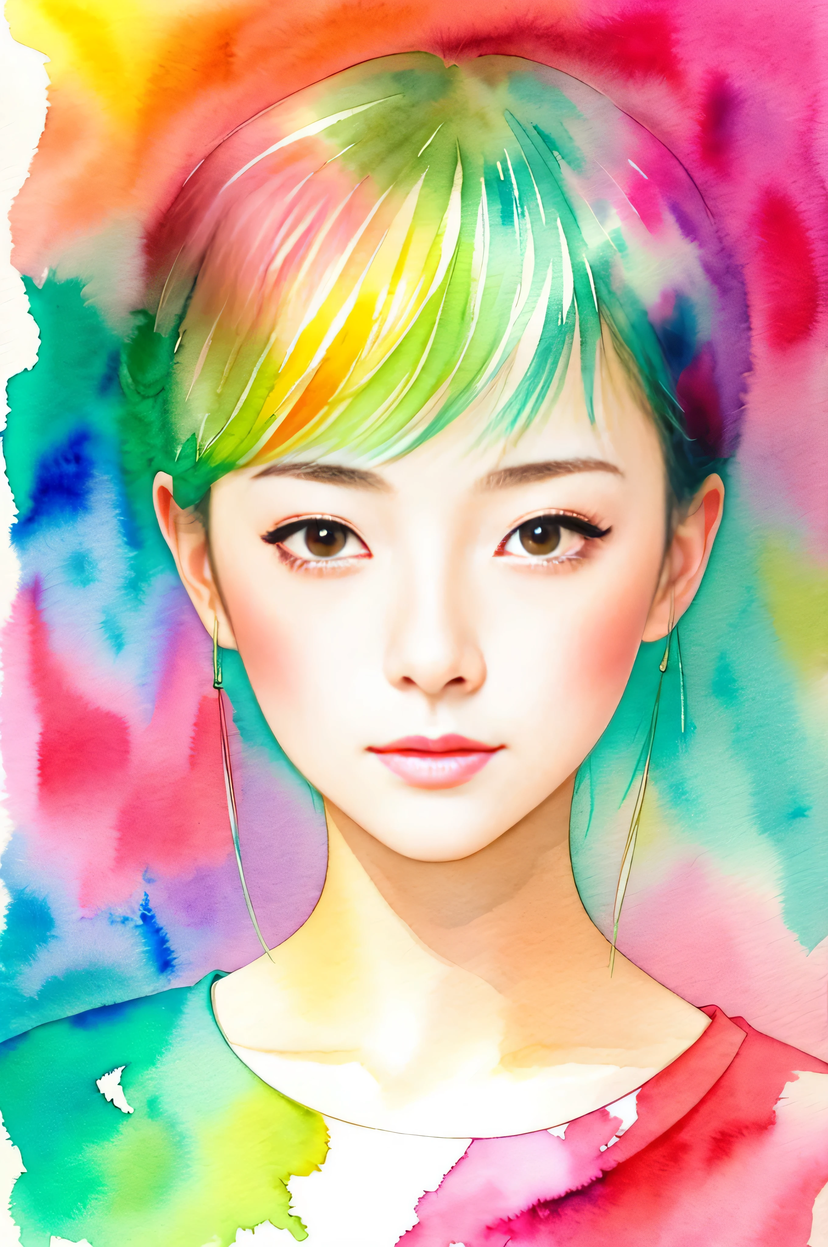 Watercolor style、japanes、a beauty girl、Portrait of a woman、Bright design、PastelColors、Ink Drop、pink there、Viola、shuicolor、Green grass、amarelo