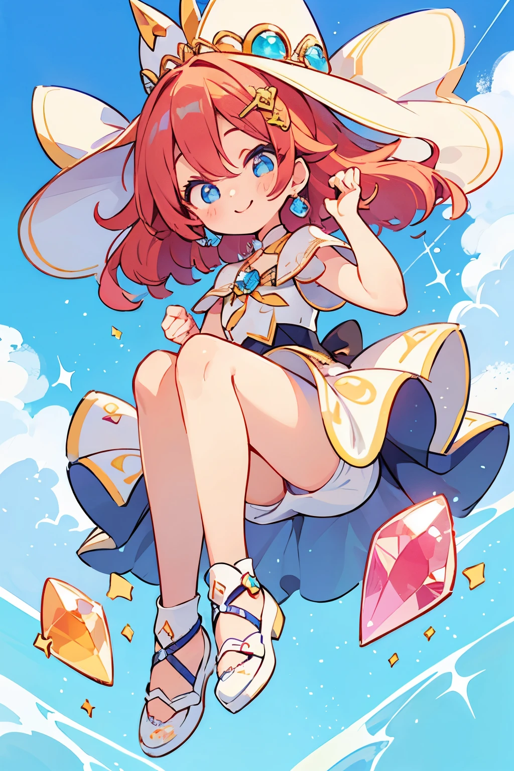 girl with、Clean hair ornament, Cute surreal body bien、(Detailed eyes, Eyes Like Gems, Sparkling eyes:1.3) , A smile, Blue sky、Cute shoes