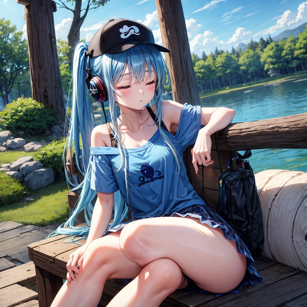 Blue hair、blue eyess、Braids、poneyTail、one good looking girl、独奏、animesque、Plaid miniskirt、Black T-shirt、camisole、the woods、sitting on、Wearing a plaid baseball cap、bare-legged、Tilting your face、log bridge、Doing the ribbon、have a twig、falls、Blue Topaz、Sunset sky、Wearing headphones、spirals、Eyes closed
