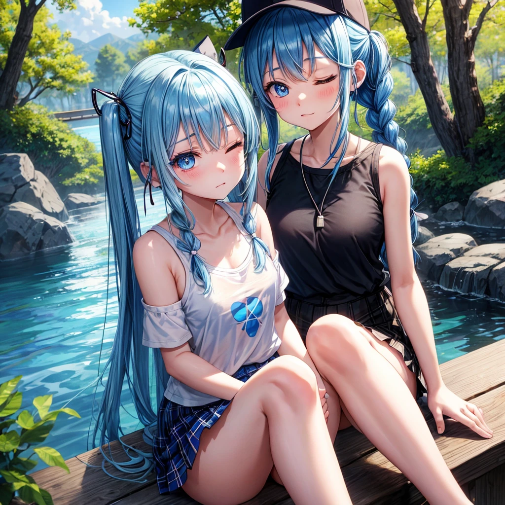 Blue hair、blue eyess、Braids、poneyTail、one good looking girl、独奏、animesque、Plaid miniskirt、Black T-shirt、camisole、the woods、sitting on、Wearing a plaid baseball cap、bare-legged、Tilting your face、log bridge、Doing the ribbon、have a twig、falls、Blue Topaz、Sunset sky、Wearing headphones、spirals、Eyes closed