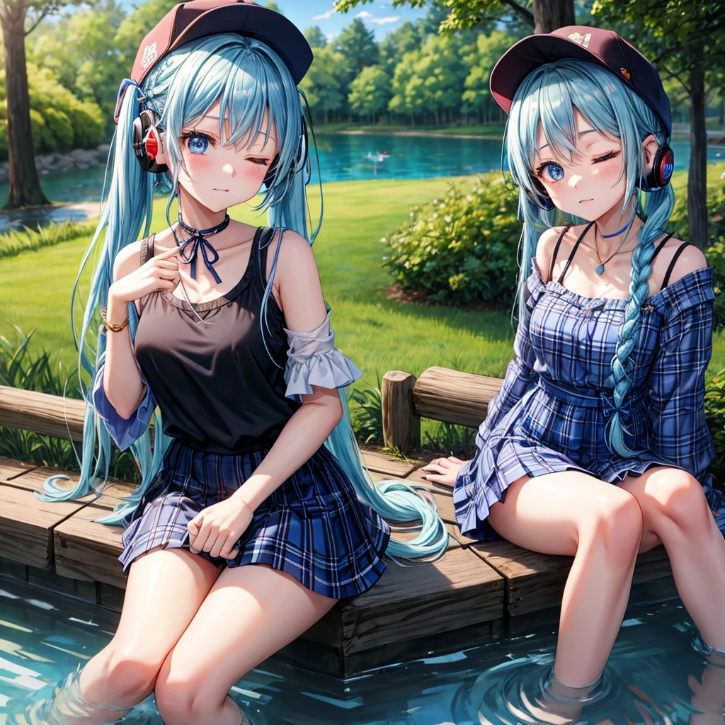 Blue hair、blue eyess、Braids、poneyTail、one good looking girl、独奏、animesque、Plaid miniskirt、Black T-shirt、camisole、the woods、sitting on、Wearing a plaid baseball cap、bare-legged、Tilting your face、log bridge、Doing the ribbon、have a twig、falls、Blue Topaz、Sunset sky、Wearing headphones、spirals、Eyes closed
