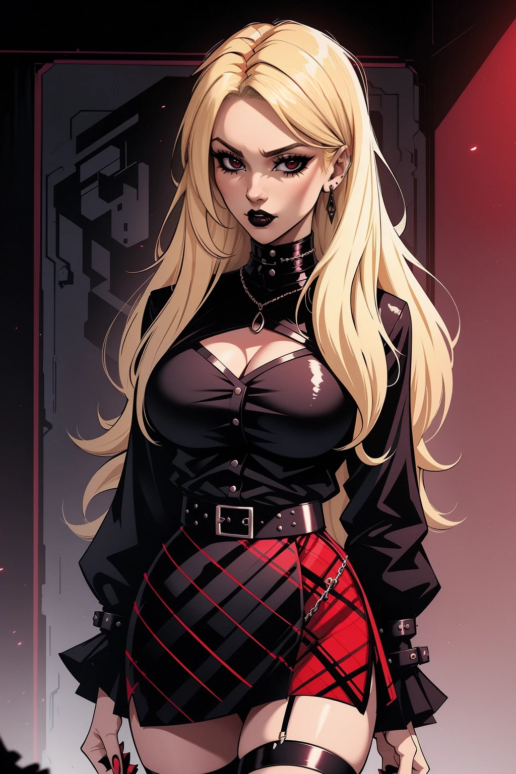 a woman with medium blonde hair, wearing a black blouse and plaid skirt, cyberpunk art, gothic art, cute aesthetic with vibe, toon aesthetic, wearing red costume, wearing gothic accessories